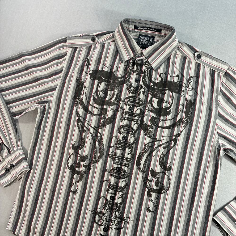 South Pole Mens Large Striped Button Up Shirt Graphic Skull Y2K Streetwear